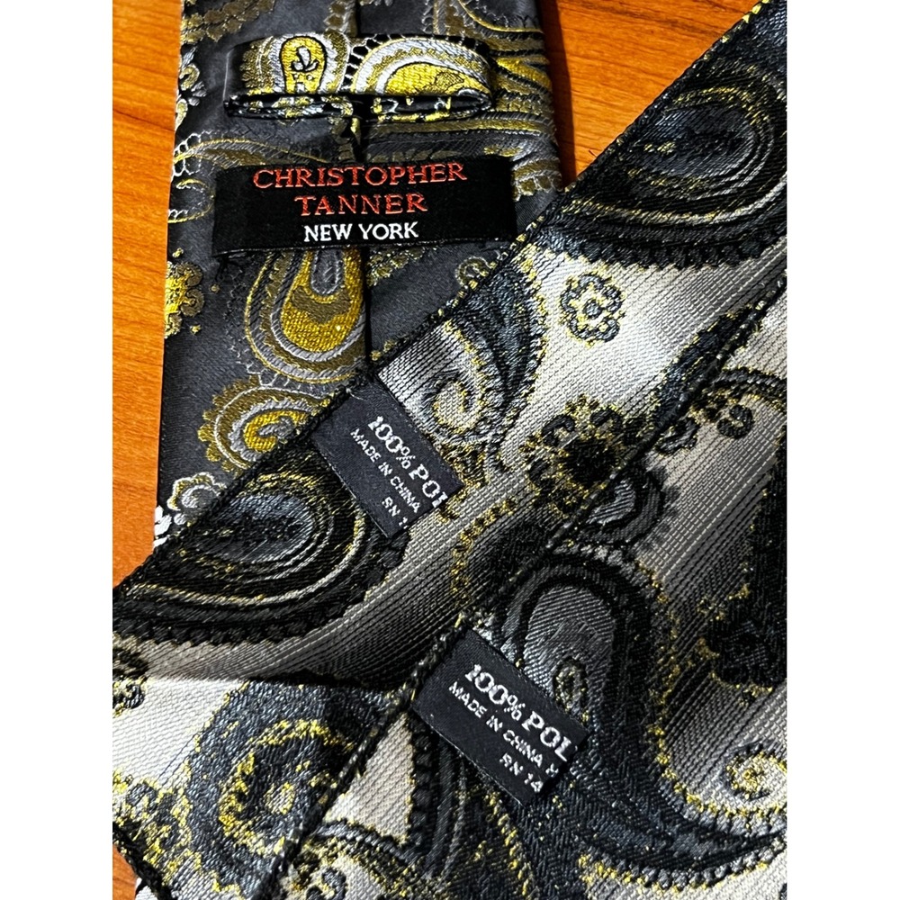 Christopher Tanner Tie Pocket Square Set Black Gold Silver Paisley 3 Piece